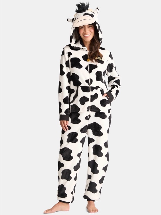 Holiday Time Pants - Holiday Time Cow-Print Plush Hooded Jumpsuit - Black & White